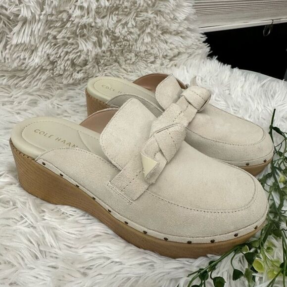 COLE HAAN All Day Bow Suede Clogs in Cream Platform Heel size 7B Womens‎ - Picture 3 of 9